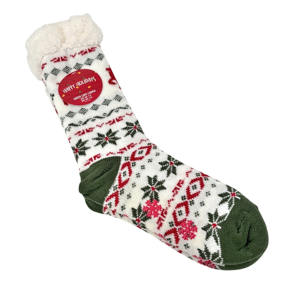 Happy Holidays Sherpa Lined Lounge Sock Women 9-11 Cozy Christmas Deer Snowflake - Picture 9 of 12
